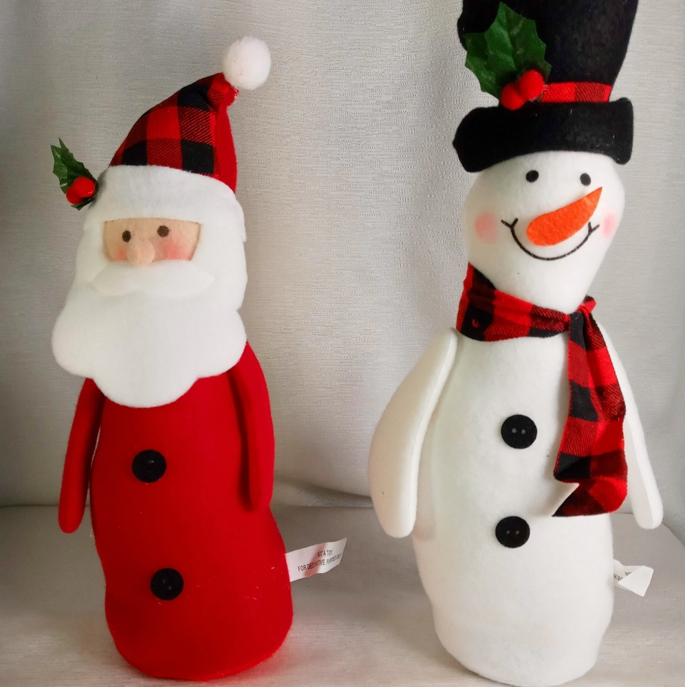 Set of 2 New Christmas House Bean Bottom Santa & Snowman Plush Holiday Decor 12"
